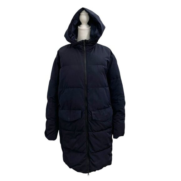 Everlane Long Quilted Puffer Coat Jacket Patch Pocket Hood Navy Blue size Small - Picture 1 of 15